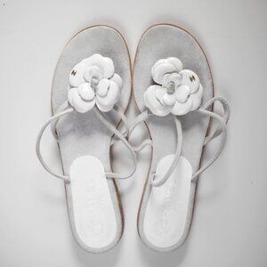 Chanel 2003 Suede & Leather Camellia Flat Thong Sandals Grey & White Sz. 40/US 9